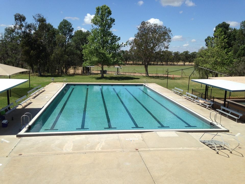 Empty rectangular public pool, water glistening, set against a backdrop of grass and trees.