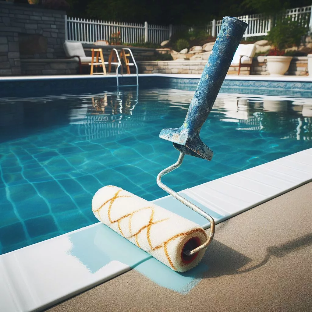 A paint roller next to a swimming pool.