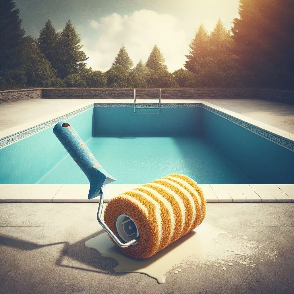 A paint roller next to an inground pool.