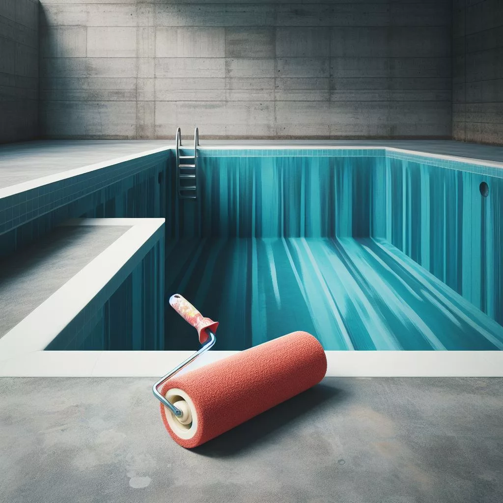 A paint roller next to an inground concrete pool.