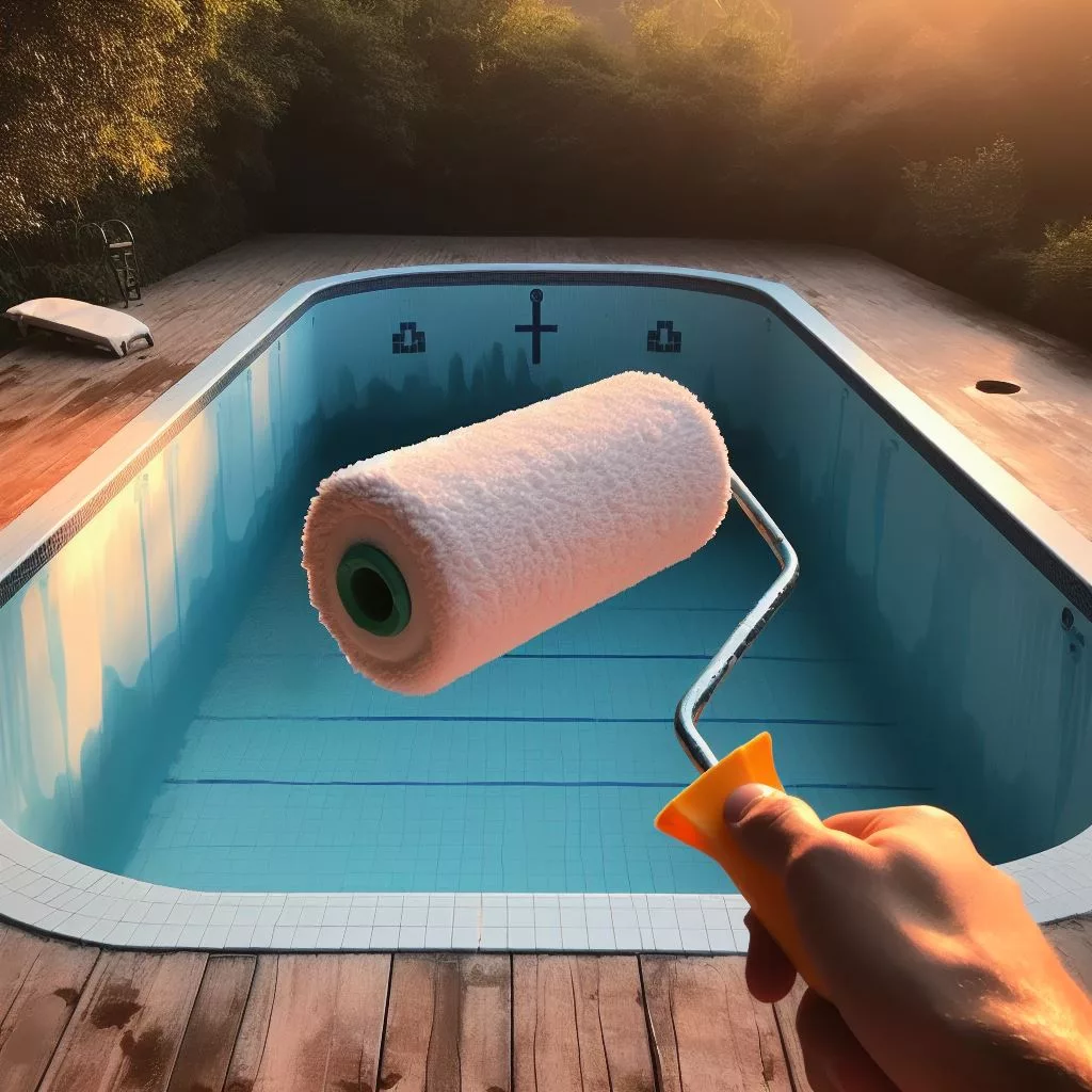 an ai generated image of someone holding a paint roller in front of an inground swimming pool