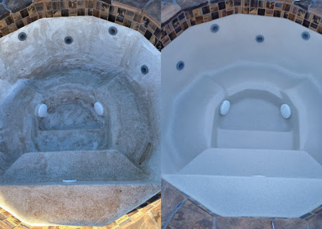 before and after of a fiberglass insert getting a polyfibro coating