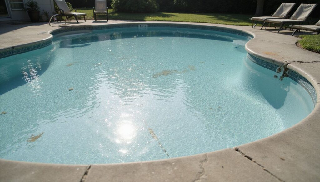 A dirty, freeform-shaped swimming pool with a light blue finish. The pool has a waterline of small blue tiles and a gray concrete deck that is cracked and stained. The water is a hazy blue with noticeable dirt and debris floating on the surface.
