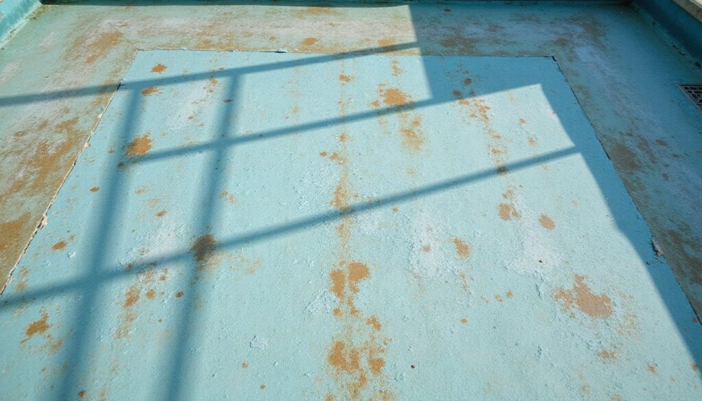 a faded, old, pool surface. it's a light blue pool with rust-like stains.