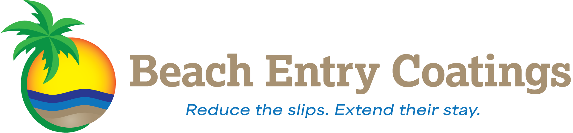 Tan, white, and blue Beach Entry Coatings logo with sun and palm tree illustration